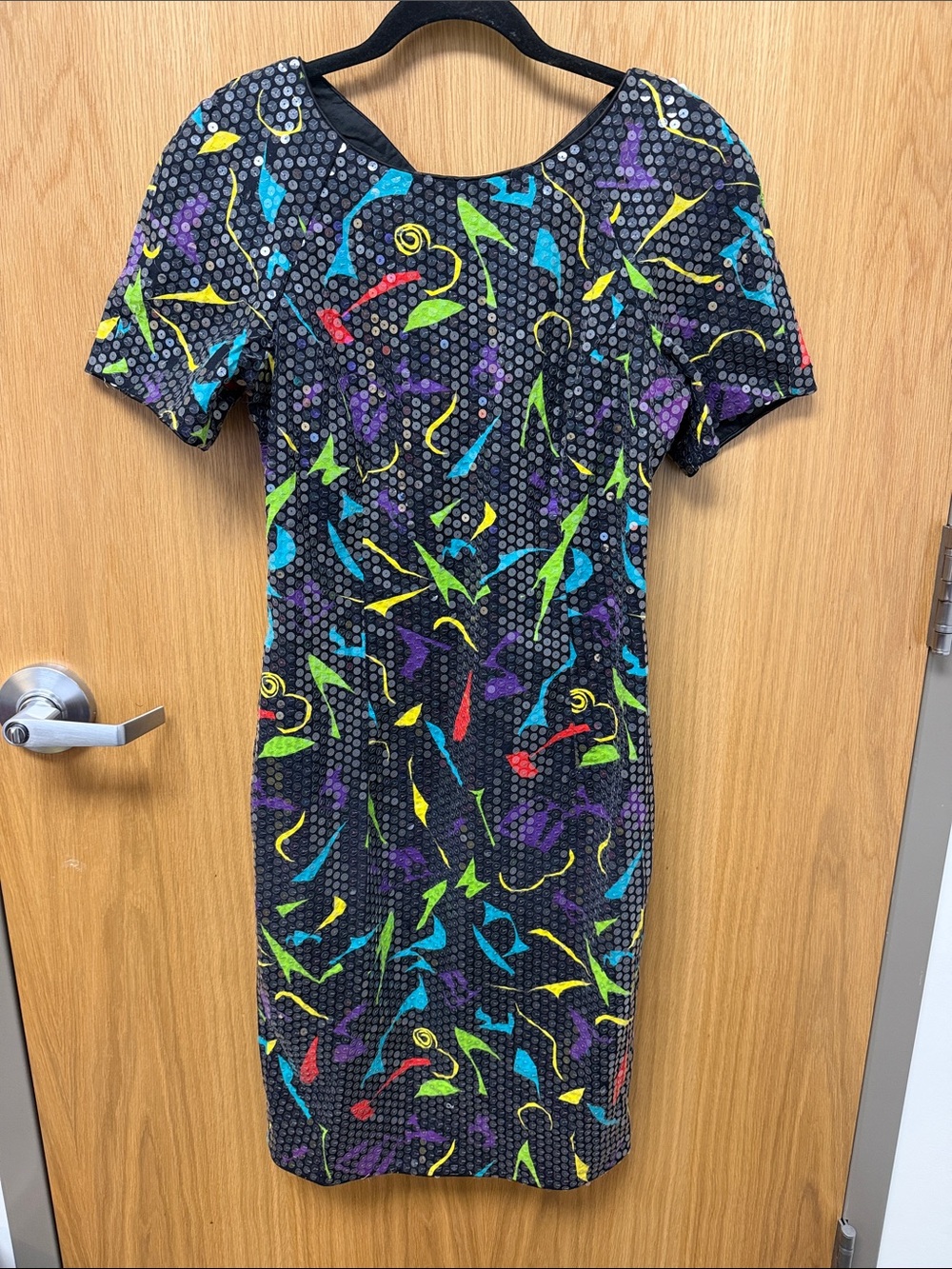 Rimini Black Midi Dress with Neon Multicolor Abstract Print Fully Sequined